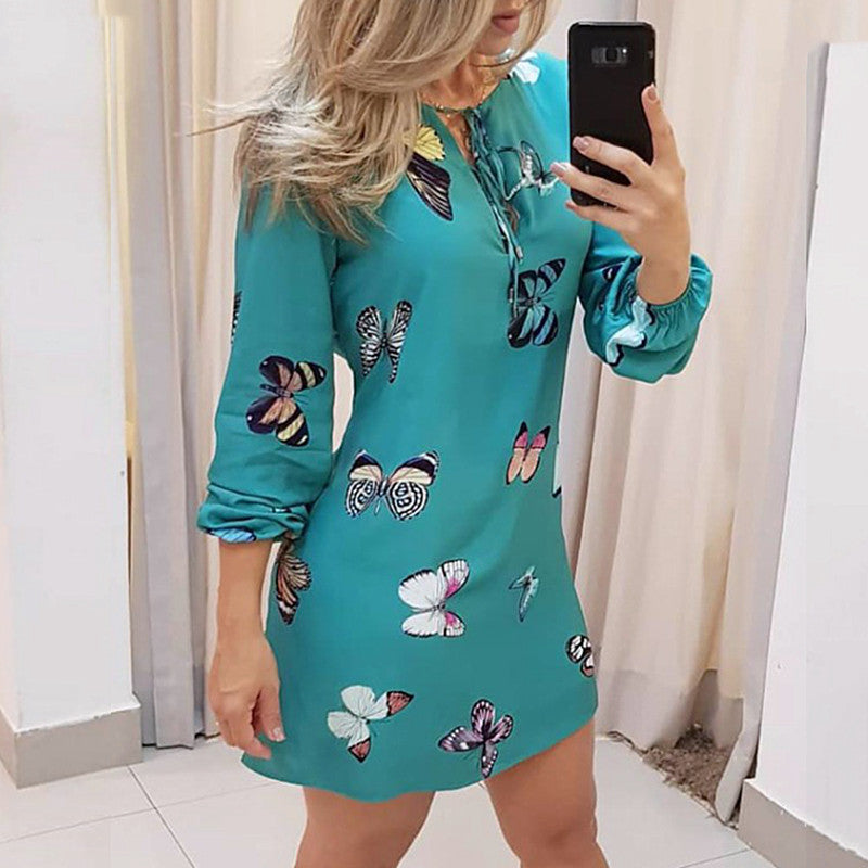 Fashion Butterfly Print V-neck tie Lantern Sleeve Dress