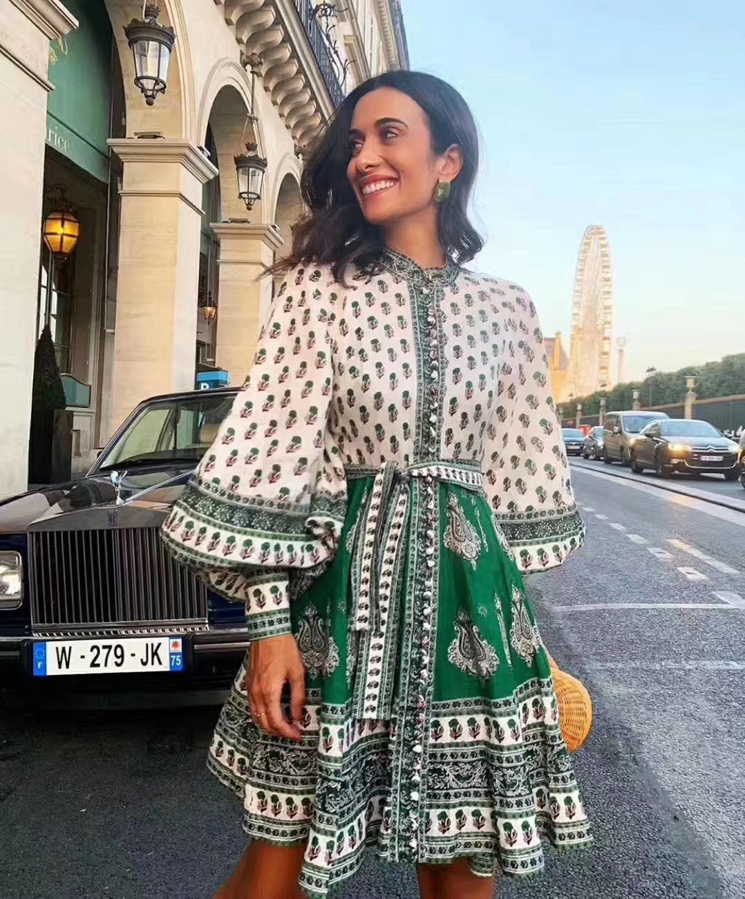 Lantern sleeve dress with lace-up skirt