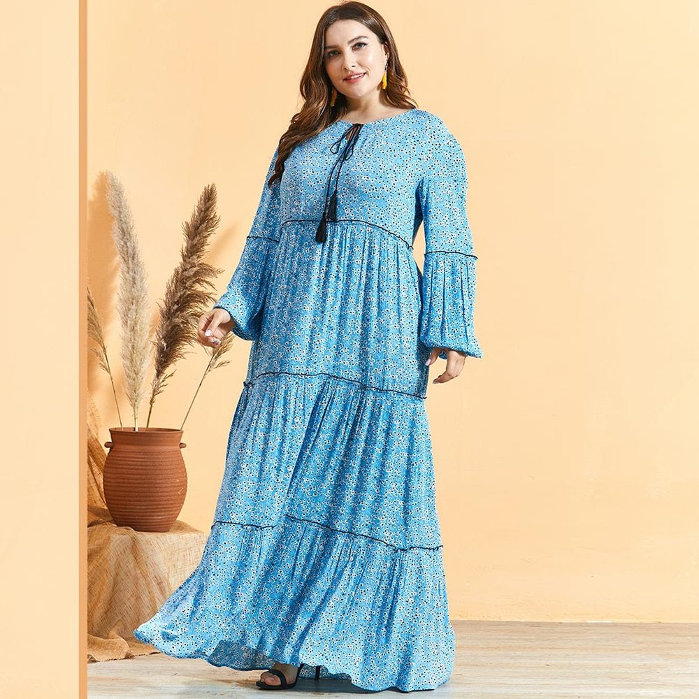 Round neck tie print pleated lantern long sleeve dress
