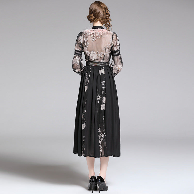 New Embroidery Tie-neck Feather Lantern Sleeve Dress