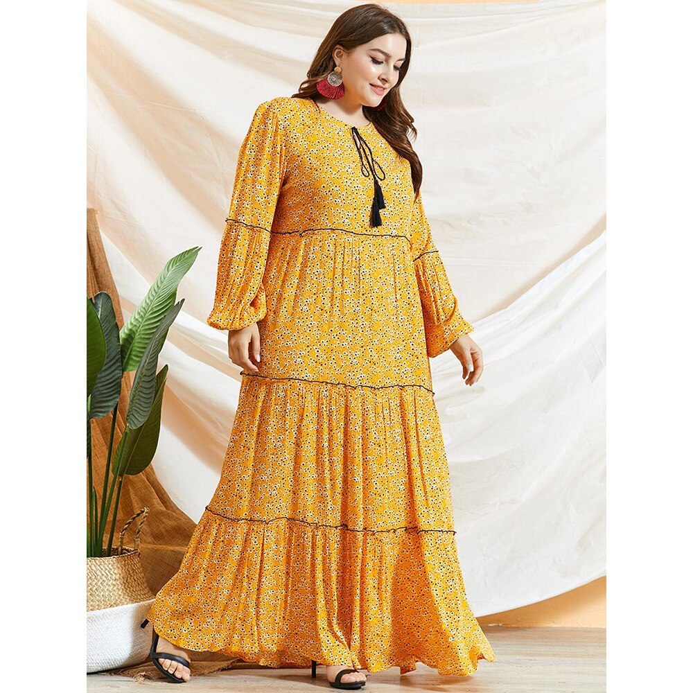Round neck tie print pleated lantern long sleeve dress