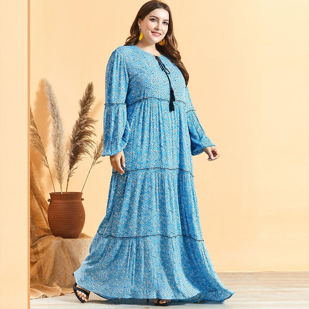 Round neck tie print pleated lantern long sleeve dress