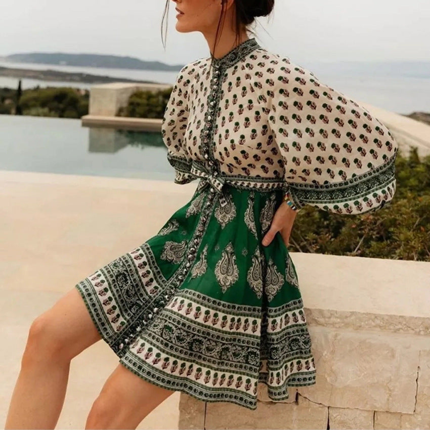 Lantern sleeve dress with lace-up skirt