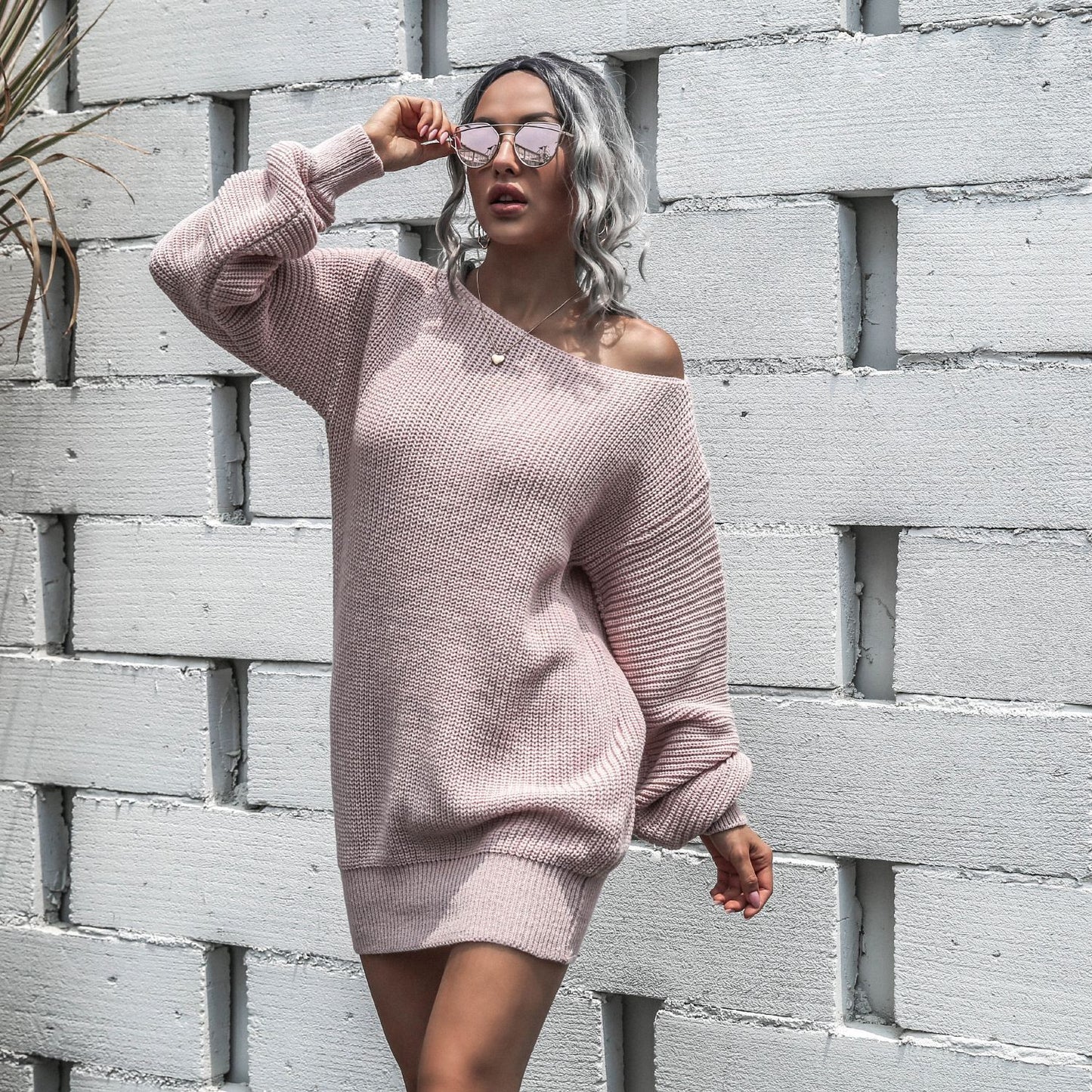 Ladies Dress Casual Strapless Lantern Sleeve Knitted Sweater Dress