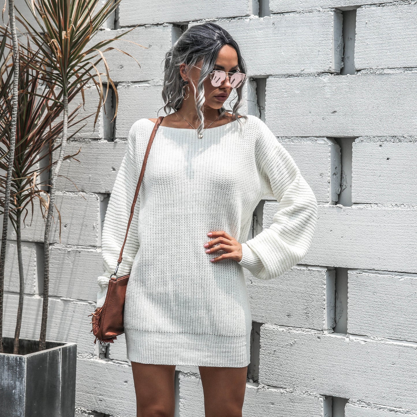 Ladies Dress Casual Strapless Lantern Sleeve Knitted Sweater Dress