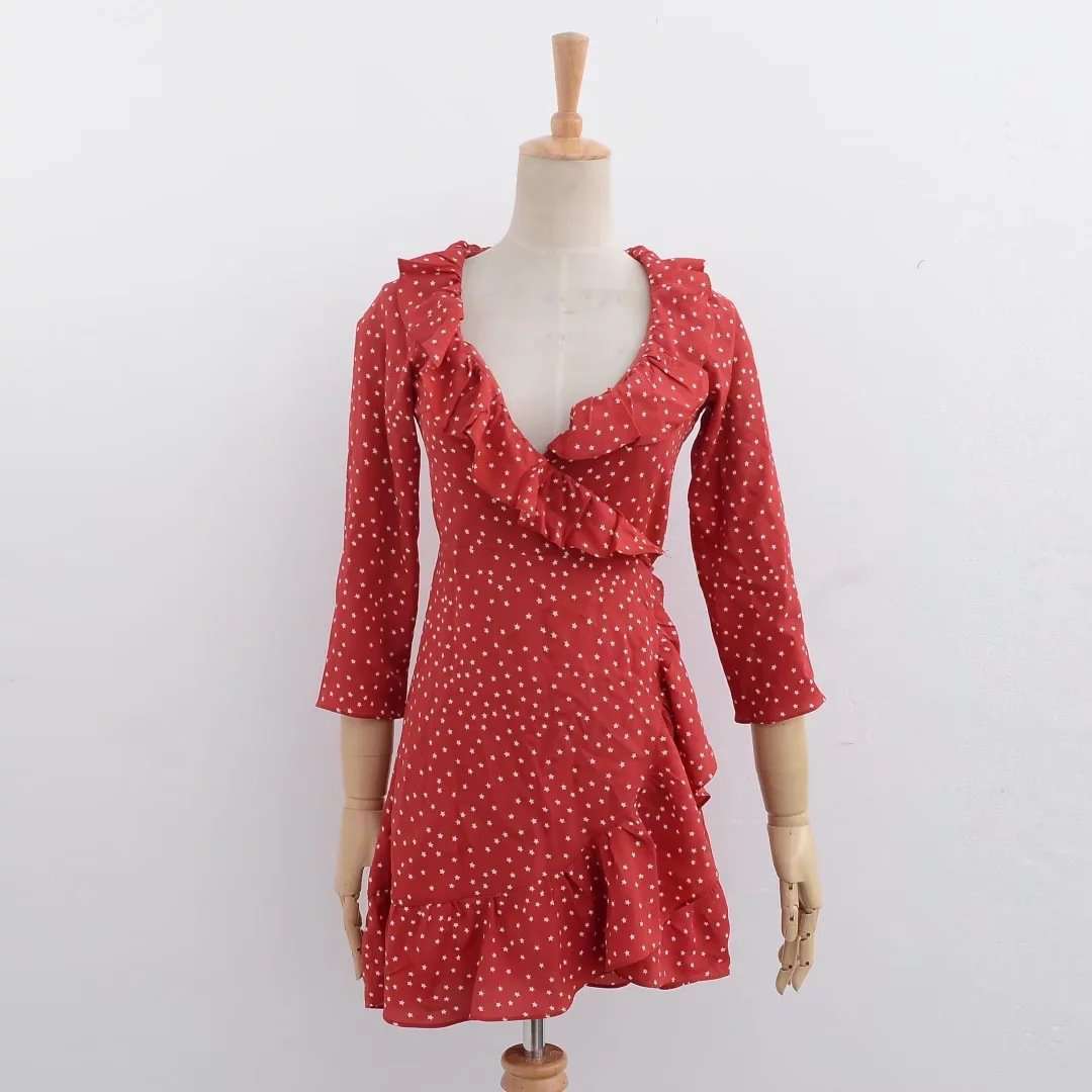 Printed Ruffled Wrap Breast Dress