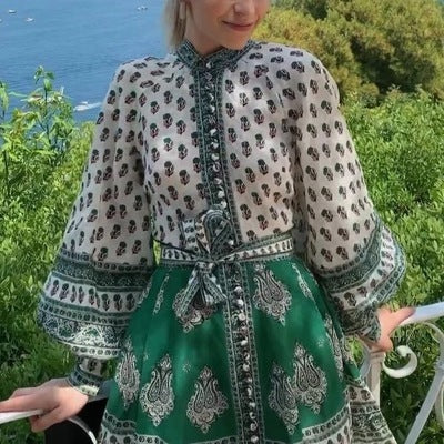 Lantern sleeve dress with lace-up skirt