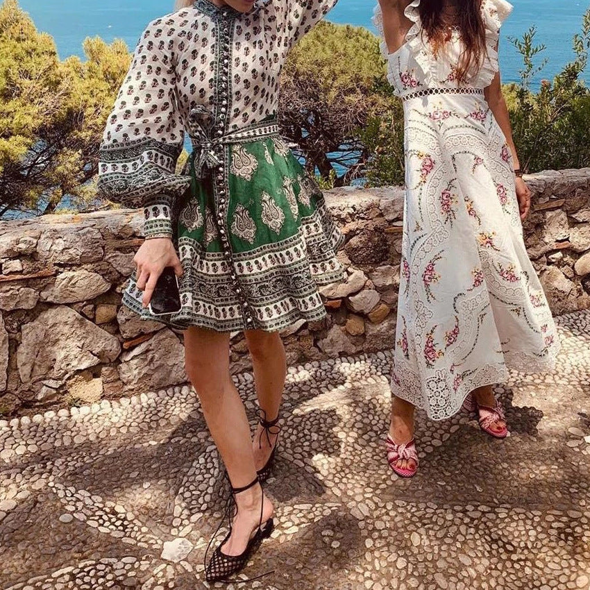 Lantern sleeve dress with lace-up skirt