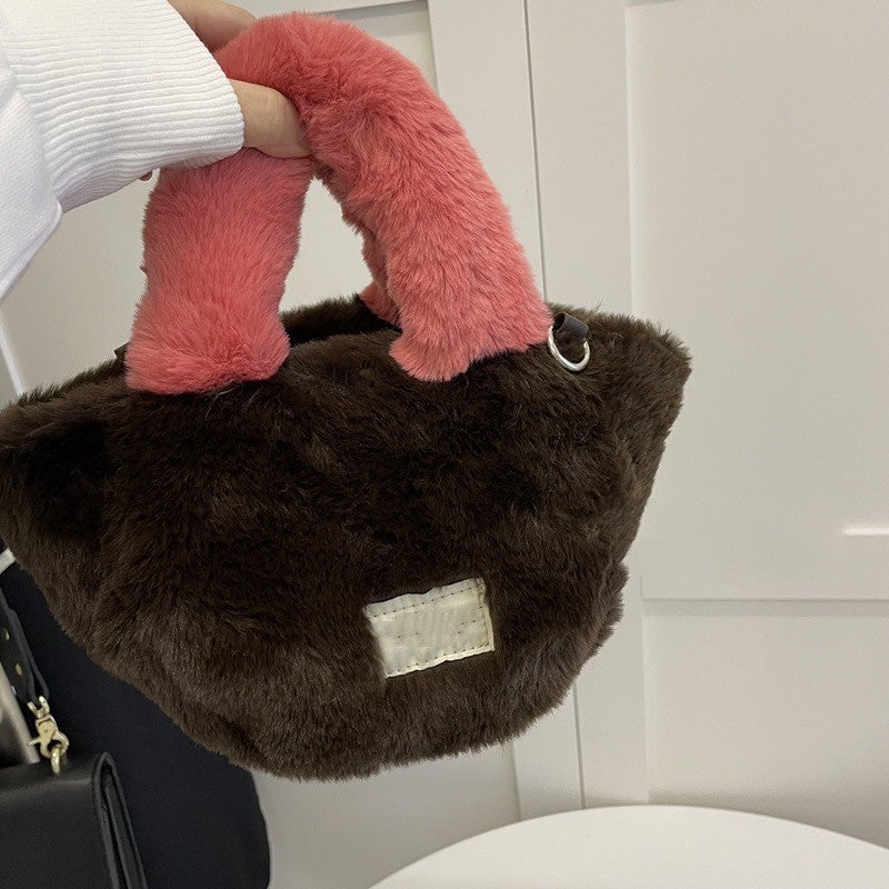 Handbag With Contrasting Color Imitation Rabbit Hair Plush