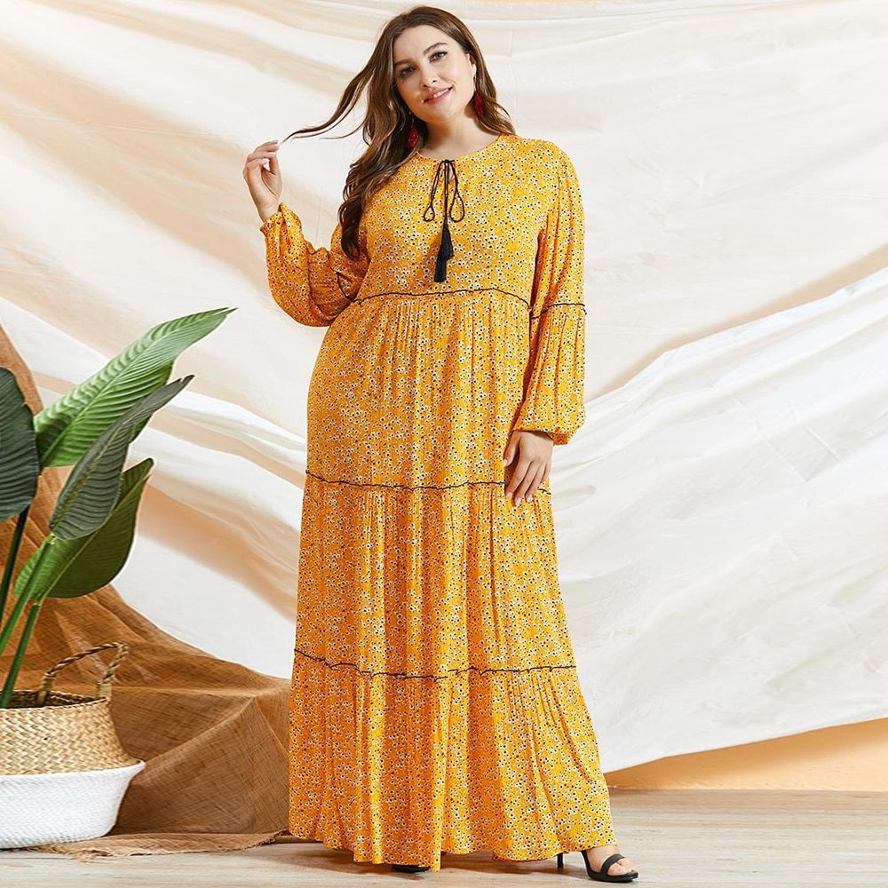 Round neck tie print pleated lantern long sleeve dress