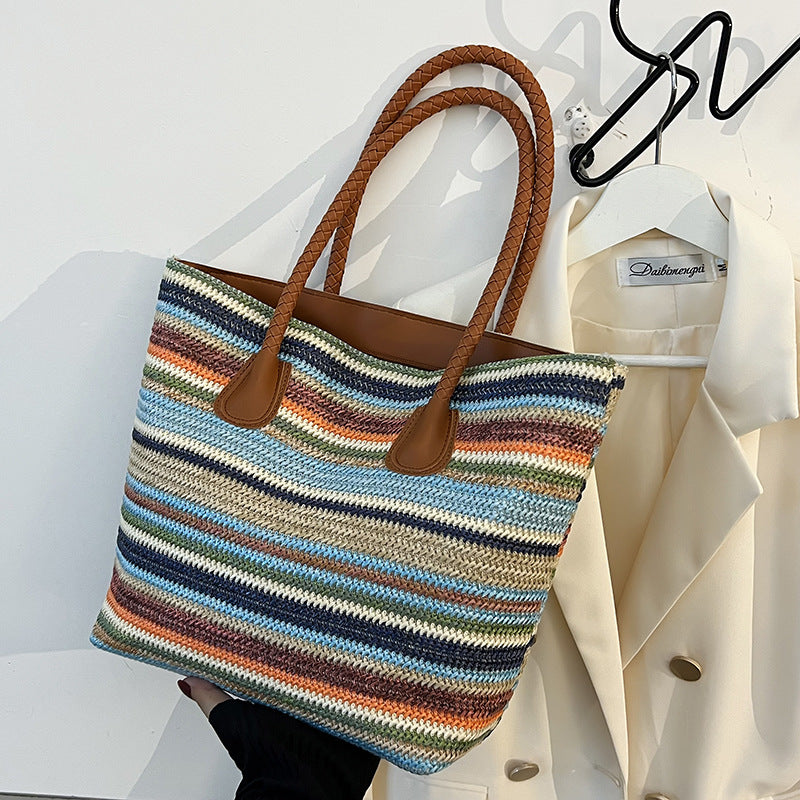 Grass Woven Beach Large Capacity Striped Tote Bag