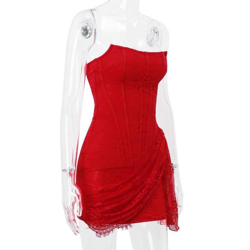 Strapless Lace Dress Party Women Fashion And Slim Skirt With Back Lace-up Design