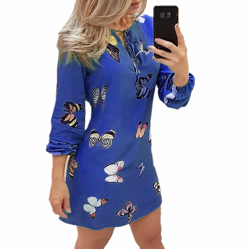 Fashion Butterfly Print V-neck tie Lantern Sleeve Dress