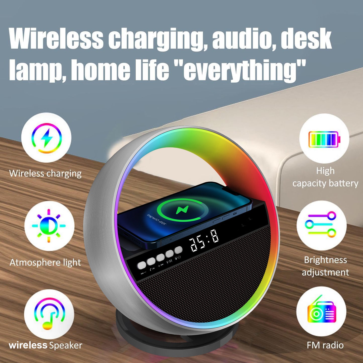 New Multifunction RGB Night Light Wireless Charger Bluetooth-compatible Speaker Large G Ambience Light Home Decor