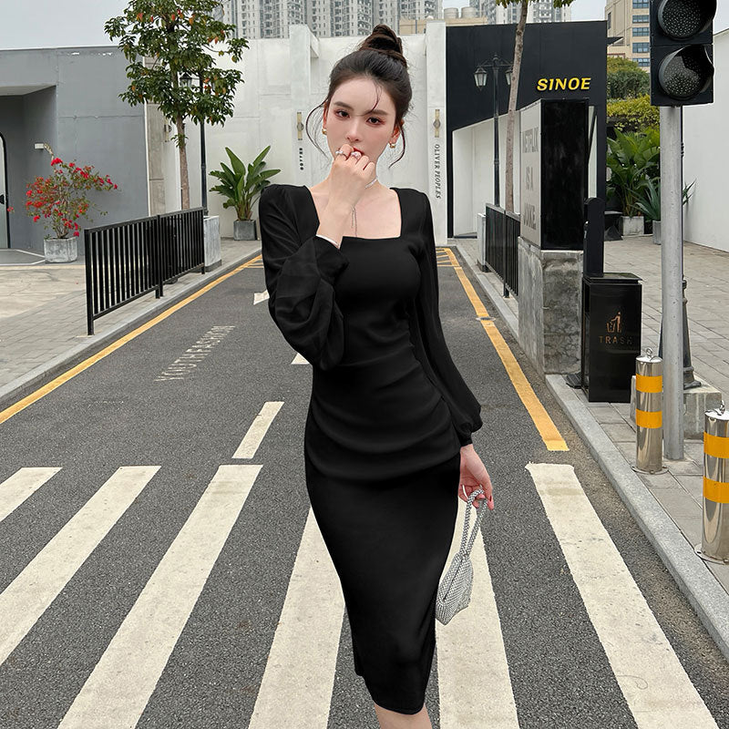 Woman Square-neck Lantern Bubble Long Sleeve Dress