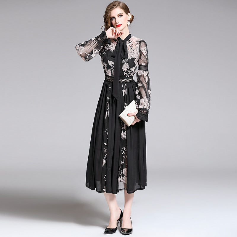 New Embroidery Tie-neck Feather Lantern Sleeve Dress