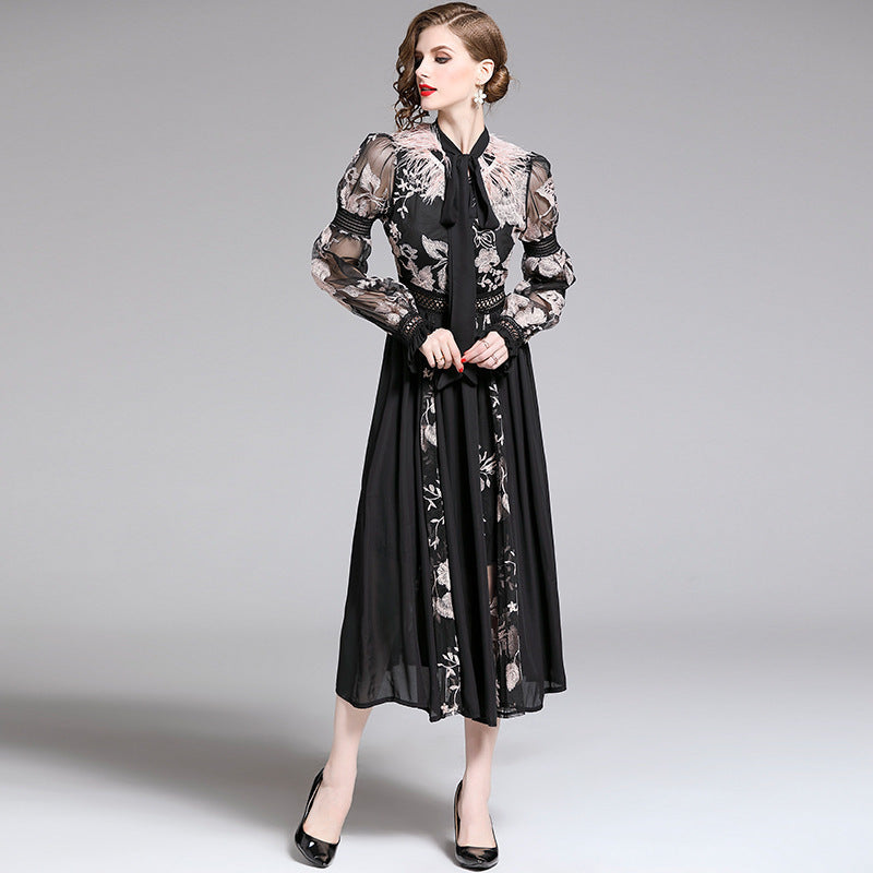 New Embroidery Tie-neck Feather Lantern Sleeve Dress