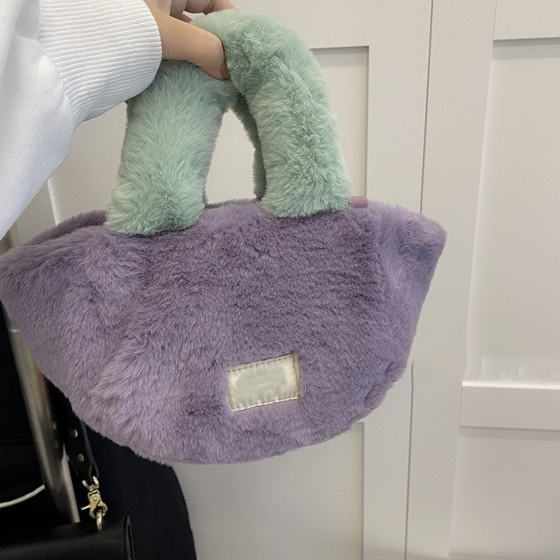 Handbag With Contrasting Color Imitation Rabbit Hair Plush