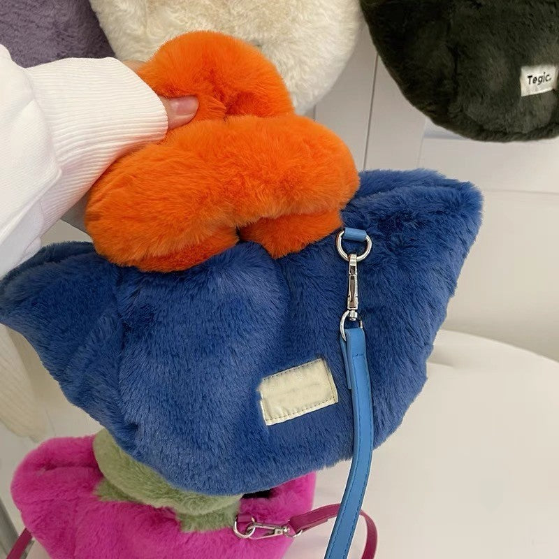 Handbag With Contrasting Color Imitation Rabbit Hair Plush