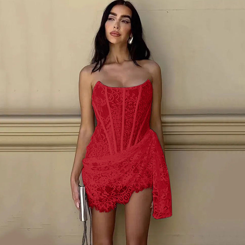 Strapless Lace Dress Party Women Fashion And Slim Skirt With Back Lace-up Design