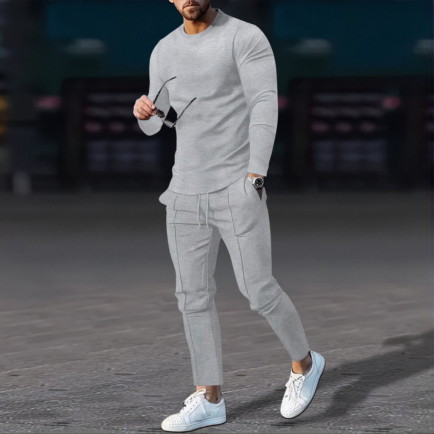 Men's Casual Waffle Long Sleeve Suit MultiColor