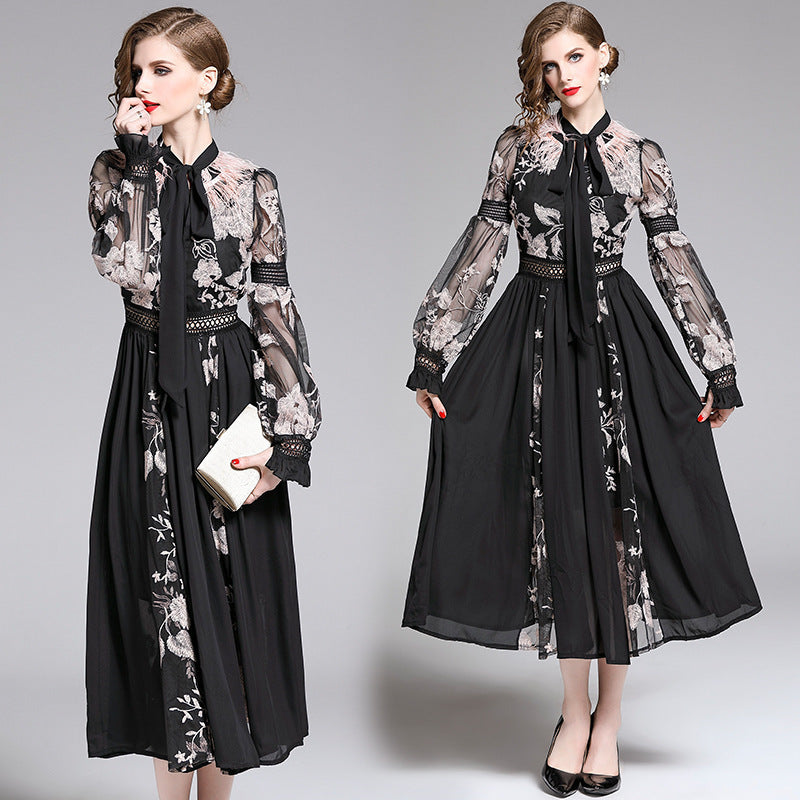 New Embroidery Tie-neck Feather Lantern Sleeve Dress