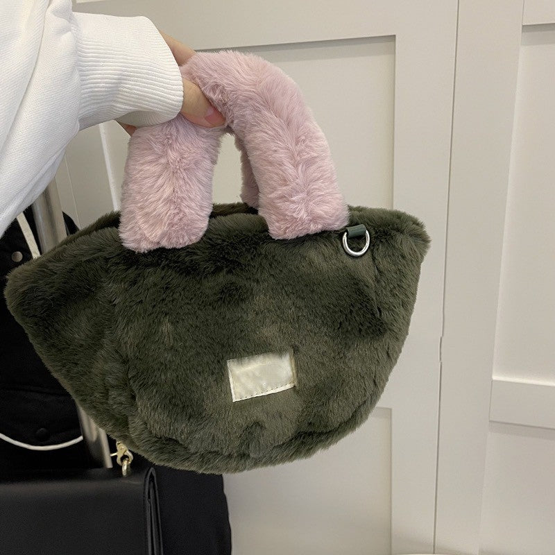 Handbag With Contrasting Color Imitation Rabbit Hair Plush