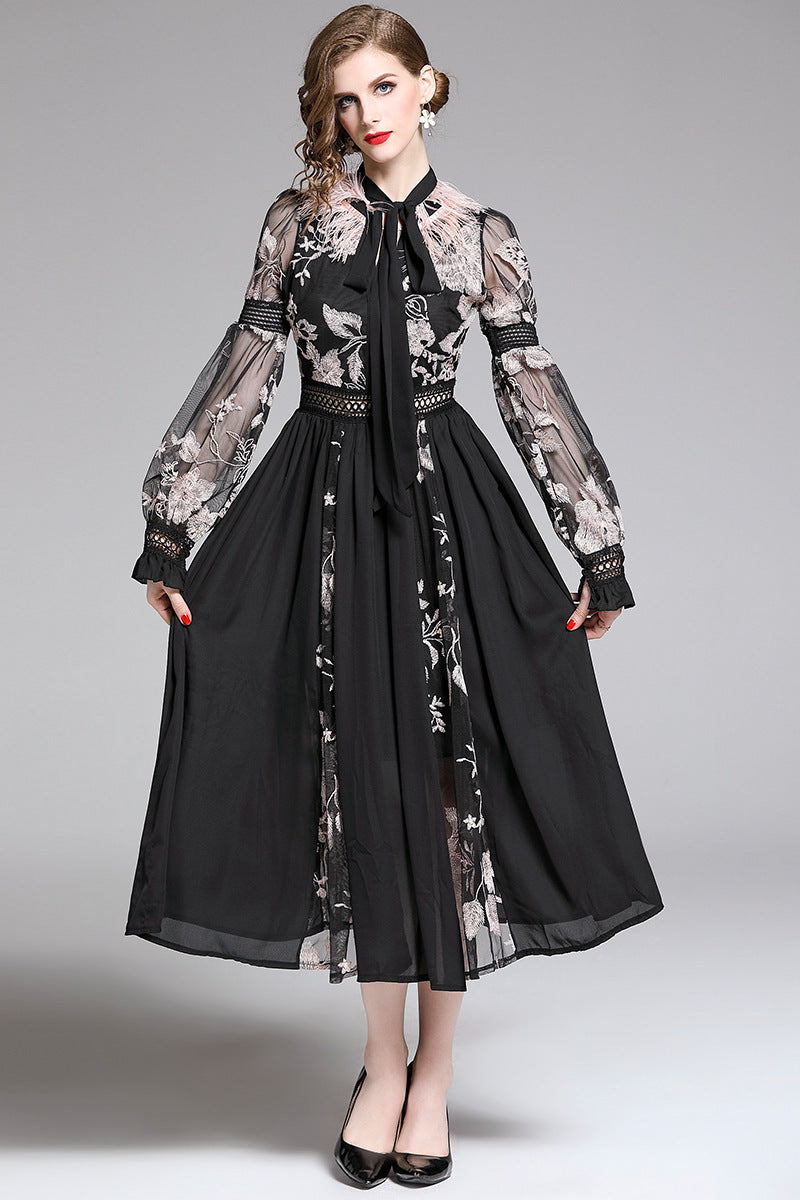 New Embroidery Tie-neck Feather Lantern Sleeve Dress