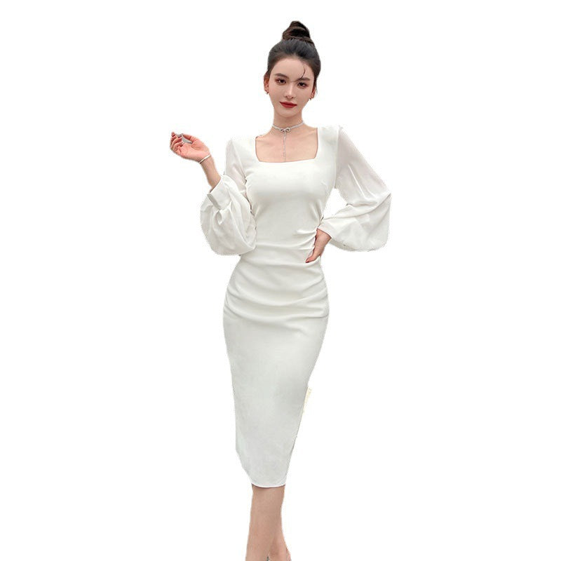 Woman Square-neck Lantern Bubble Long Sleeve Dress