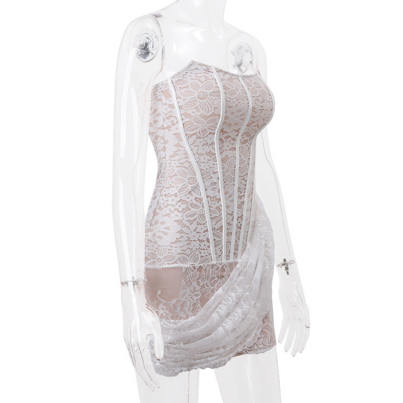 Strapless Lace Dress Party Women Fashion And Slim Skirt With Back Lace-up Design