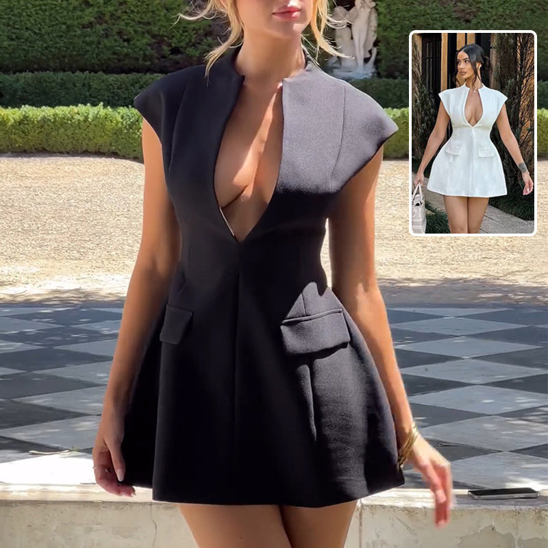 Women Deep V-neck A-line Dress Summer Fashion French Style Slimming Short Dresses Cardigan Temperament Dress Skirt