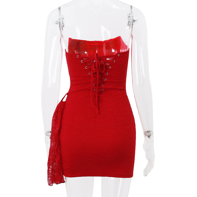 Strapless Lace Dress Party Women Fashion And Slim Skirt With Back Lace-up Design