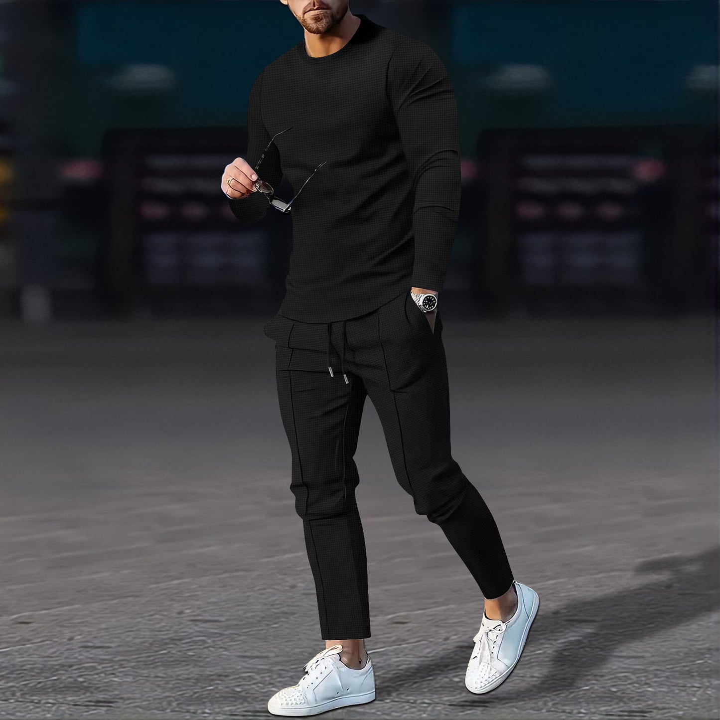 Men's Casual Waffle Long Sleeve Suit MultiColor