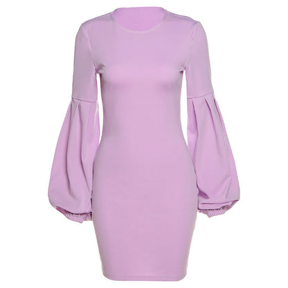 Round neck lantern sleeve close-fitting hip dress