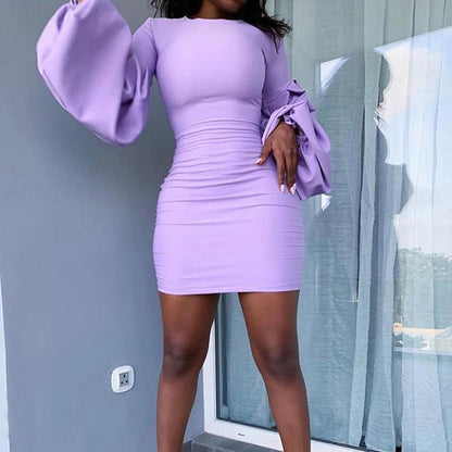 Round neck lantern sleeve close-fitting hip dress