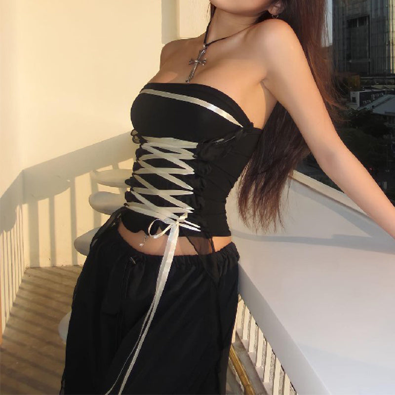 Fashion Lace-up Tube Top Slim Hot Girl Vest Summer Womens Clothing