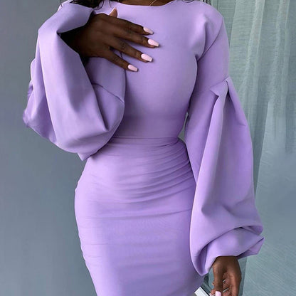 Round neck lantern sleeve close-fitting hip dress