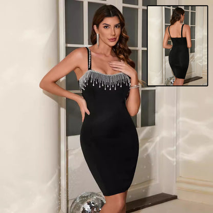 Women Dress Ladies Party Night Birthday Fringe Slit Sleeveless Body Dress Summer Elegant Sling Short Mini Skirt