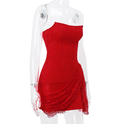 Strapless Lace Dress Party Women Fashion And Slim Skirt With Back Lace-up Design