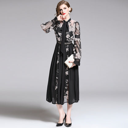 New Embroidery Tie-neck Feather Lantern Sleeve Dress