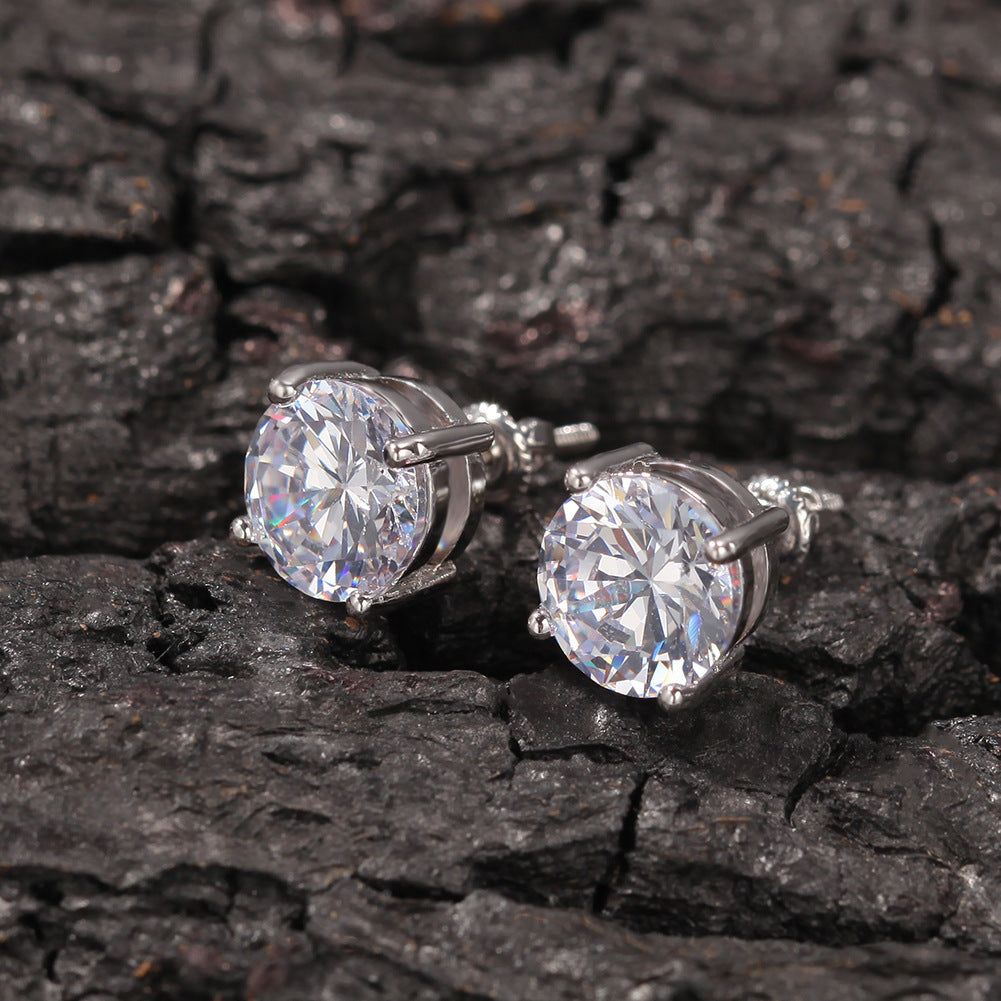 European And American Ins Classic Round Large Zircon Hip Hop Stud Earrings Silver Needle 925 Anti-allergy