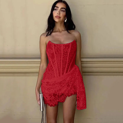Strapless Lace Dress Party Women Fashion And Slim Skirt With Back Lace-up Design