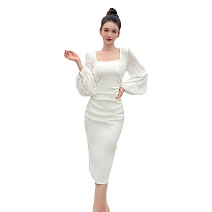 Woman Square-neck Lantern Bubble Long Sleeve Dress