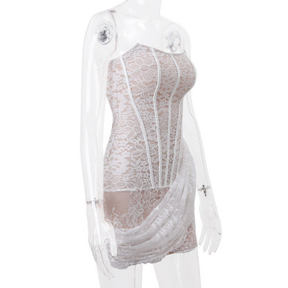 Strapless Lace Dress Party Women Fashion And Slim Skirt With Back Lace-up Design