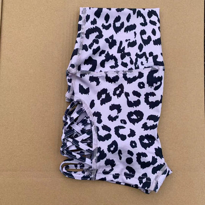 High Waist Print Tight Yoga Shorts Side Cross Large Hollow Out