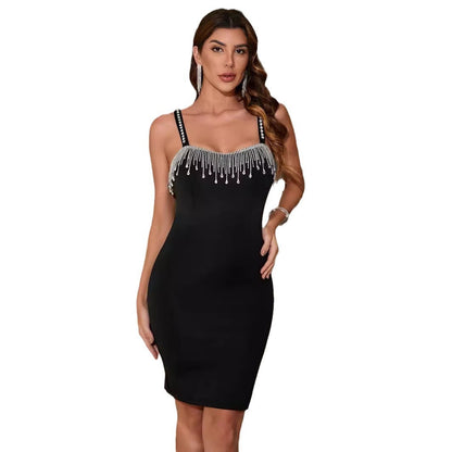 Women Dress Ladies Party Night Birthday Fringe Slit Sleeveless Body Dress Summer Elegant Sling Short Mini Skirt