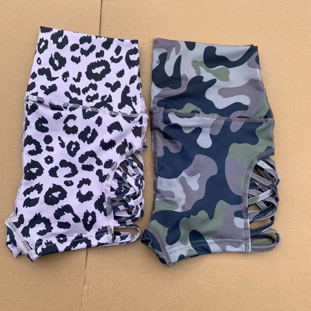 High Waist Print Tight Yoga Shorts Side Cross Large Hollow Out